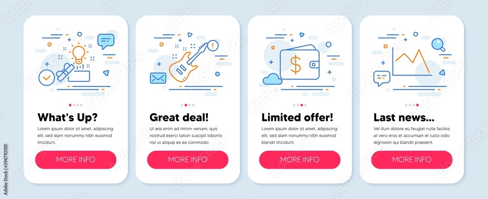 Set of line icons, such as Creative idea, Electric guitar, Dollar wallet symbols. Mobile app mockup banners. Line chart line icons. Present box, Musical instrument, Cash money. Financial graph. Vector