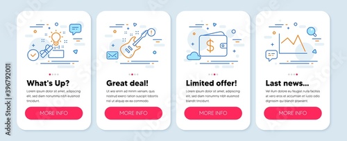 Set of line icons, such as Creative idea, Electric guitar, Dollar wallet symbols. Mobile app mockup banners. Line chart line icons. Present box, Musical instrument, Cash money. Financial graph. Vector © blankstock