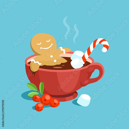 A cute cartoon gingerbread man takes a bath of hot chocolate in a red marshmallow cup. Vector Christmas card illustration © Veronika