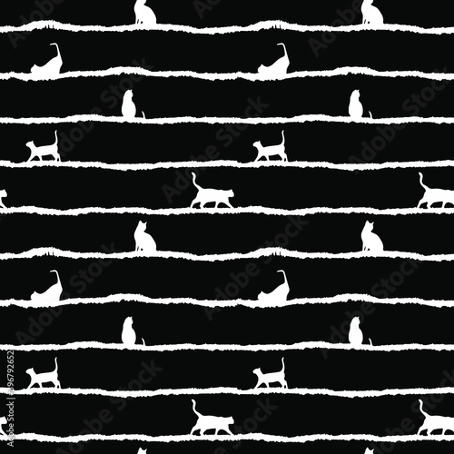 Abstract Hand Drawing Cat Silhouette and Stripes Repeating Vector Pattern Isolated Background