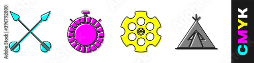 Set Crossed arrows, Canteen water bottle, Revolver cylinder and Indian teepee or wigwam icon. Vector.