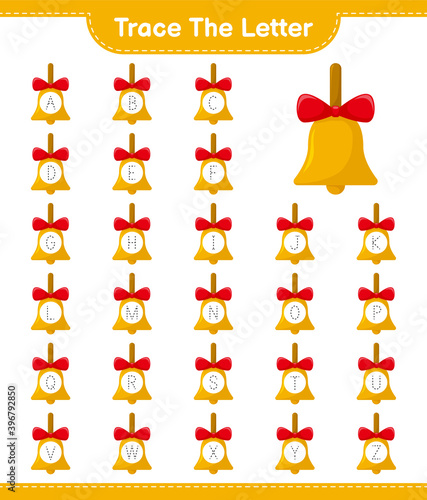 Fototapeta Naklejka Na Ścianę i Meble -  Trace the letter. Tracing letter alphabet with Golden Christmas Bells. Educational children game, printable worksheet, vector illustration