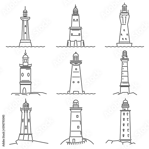Set of simple black and white images of lighthouse drawn in art line style.