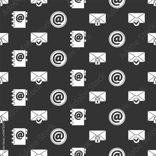 Set Mail message lock password, Envelope and check mark, Address book and Mail and e-mail on seamless pattern. Vector.