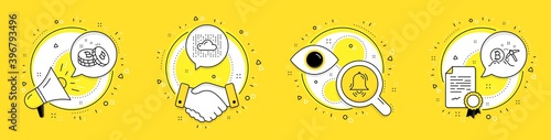 Clock bell, Cloud system and Bitcoin line icons set. Megaphone, licence and deal vector icons. Bitcoin mining sign. Alarm, Data storage, Cryptocurrency coin. Cryptocurrency pickaxe. Vector