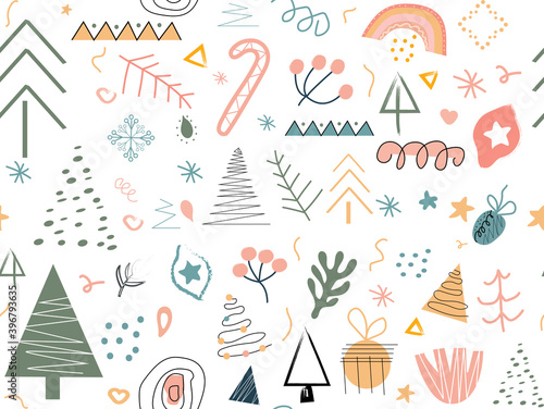 Modern abstract hand drawing Christmas doodles seamless pattern, Trendy contemporary clip art