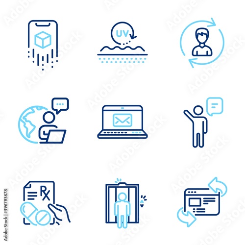 Business icons set. Included icon as Agent, Uv protection, Refresh website signs. Prescription drugs, E-mail, Augmented reality symbols. Elevator, Human resources line icons. Line icons set. Vector