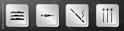 Set Cocaine or heroin drug, Marijuana joint, Cigarette and Matches icon. Silver square button. Vector.