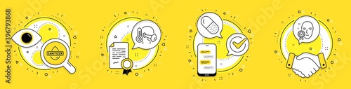 Sick man, Hand sanitizer and Capsule pill line icons set. Licence, cell phone and deal vector icons. Face verified sign. Epidemic protection, Hygiene care, Medicine drugs. Access granted. Vector