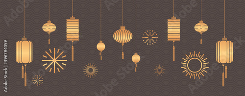 golden lanterns chinese calendar for new year of the ox greeting card flyer invitation poster horizontal vector illustration