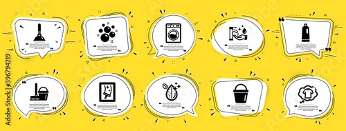 Cleaning icons set. Speech bubble offer banners. Yellow coupon badge. Included icon as Plunger, T-shirt, Shampoo signs. Clean bubbles, Dirty water, Bucket symbols. Vector
