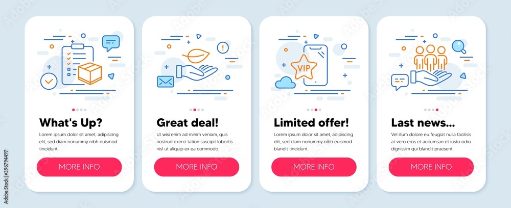Set of line icons, such as Parcel checklist, Leaf, Vip phone symbols. Mobile screen mockup banners. Best buyers line icons. Logistics check, Plant care, Exclusive privilege. Customers care. Vector Set of line icons, such as Parcel checklist, Leaf, Vip phone symbols. Mobile screen mockup banners. Best buyers line icons. Logistics check, Plant care, Exclusive privilege. Customers care. Vector