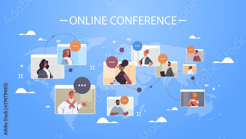businesspeople in web browser windows discussing during corporate online international conference mix race working by group video call world map background horizontal portrait vector illustration