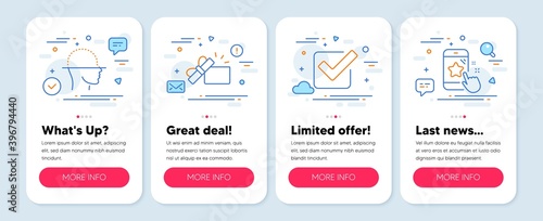Set of line icons, such as Checkbox, Opened gift, Face scanning symbols. Mobile screen mockup banners. Star rating line icons. Approved tick, Present box, Faces detection. Phone feedback. Vector