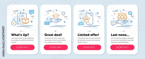 Set of line icons, such as Parcel checklist, Leaf, Vip phone symbols. Mobile screen mockup banners. Best buyers line icons. Logistics check, Plant care, Exclusive privilege. Customers care. Vector