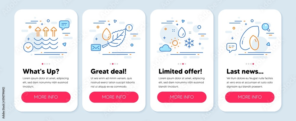 Set of Nature icons, such as Weather, Evaporation, Leaf dew symbols. Mobile app mockup banners. Peanut line icons. Climate, Global warming, Water drop. Vegetarian nut. Weather icons. Vector Set of Nature icons, such as Weather, Evaporation, Leaf dew symbols. Mobile app mockup banners. Peanut line icons. Climate, Global warming, Water drop. Vegetarian nut. Weather icons. Vector