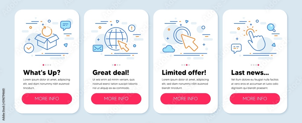 Set of Technology icons, such as Click here, Internet, Return package symbols. Mobile app mockup banners. Touchpoint line icons. Push button, World web, Exchange goods. Touch technology. Vector