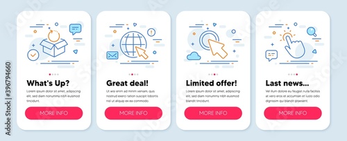 Set of Technology icons, such as Click here, Internet, Return package symbols. Mobile app mockup banners. Touchpoint line icons. Push button, World web, Exchange goods. Touch technology. Vector © blankstock