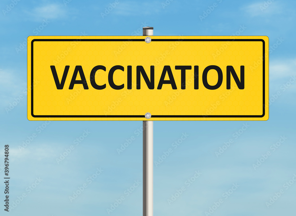 Vaccination concept. Road sign on the sky background with the word 'vaccination'. Raster illustration. Vaccination concept. Road sign on the sky background with the word 'vaccination'. Raster illustration.