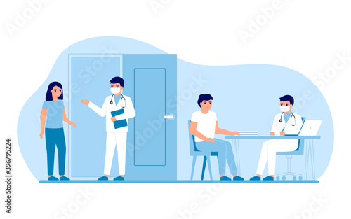 Consultation of woman patient at entrance to office clinic doctor. Man communicate with doctor. Advice doctor, supervision family. Prevention and treatment to maintain health. Vector © Iuliia