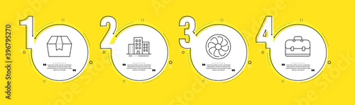 Package box, Fan engine and Buildings line icons set. Timeline process infograph. Portfolio sign. Delivery goods, Ventilator, Town apartments. Business case. Business set. Vector