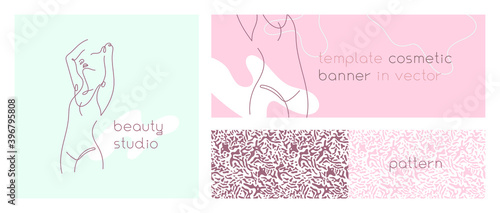 Beauty salon banner in trendy natural hue. Vector emblem design template minimalistic linear style. Abstract animal seamless pattern. Corporate identity set for cosmetic label. Woman body silhouette.