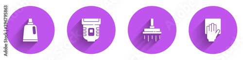 Set Bottle for cleaning agent, Epilator, Shower head and Cleaning service icon with long shadow. Vector.