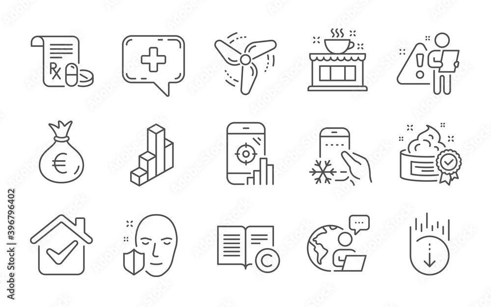 Medical chat, Coffee shop and Scroll down line icons set. Medical prescription, Refrigerator app and Cream signs. Wind energy, Face protection and Money bag symbols. Line icons set. Vector