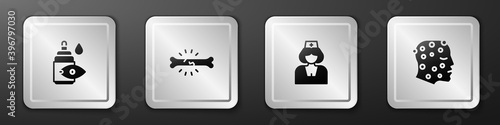 Set Eye drop bottle, Bone pain, Nurse and Psoriasis or eczema rash icon. Silver square button. Vector.