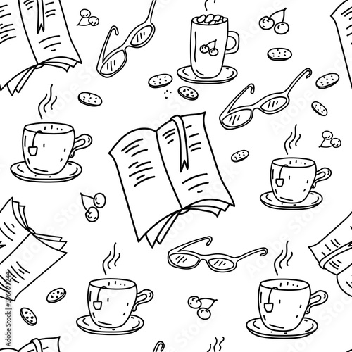 Books with bookmarks, glasses and hot sweet drink Doodle pattern. Symbols of reading, learning, new information and relaxation. Hand drawn vector background. Black outline on a white background