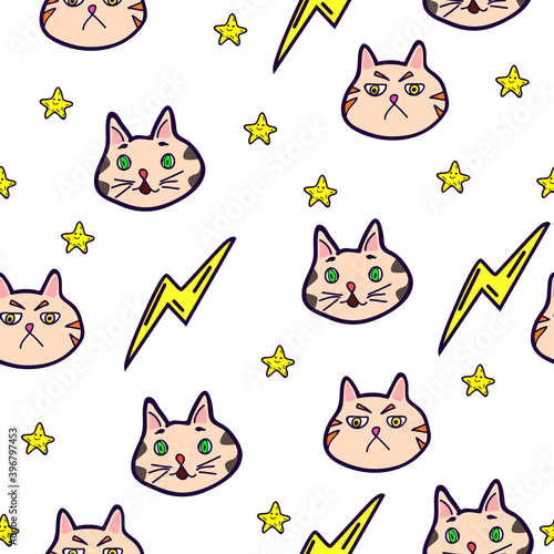 Seamless pattern with cartoon cat heads, stars and lightning, vector illustration