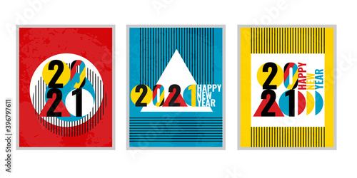 2021 Happy New Year abstract concept design bauhaus style. Banner, poster, flyer, placard, greeting card 2021 new year. Vector illustration.