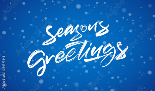Handwritten modern brush typy lettering of Season's Greetings on blue winter background.