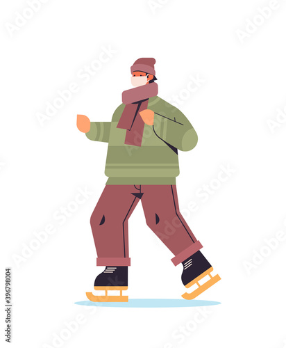 man in mask skating on ice rink guy having winter fun outdoors activities coronavirus quarantine concept full length vertical vector illustration