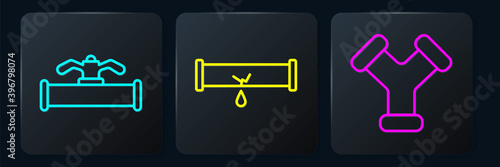 Set line Industry pipe and valve, Industry metallic pipe and Broken pipe with leaking water. Black square button. Vector.