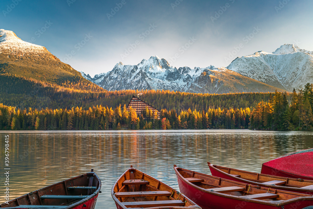 High Tatras mountains - national park and Strbske pleso (Strbske lake) beautiful mountain lake, Slovakia