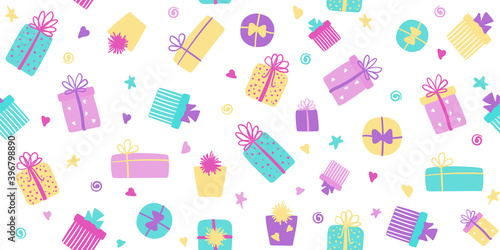 Gift boxes vector seamless pattern. Cute long background, banner with colorful presents. For wrapping paper,wallpapers