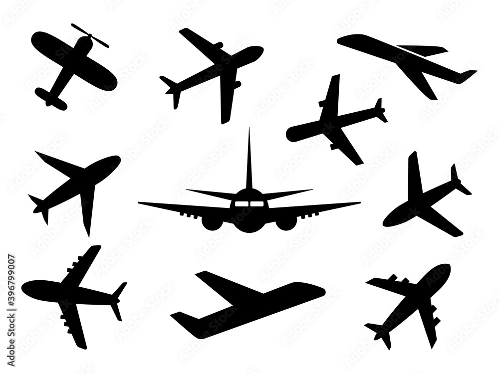 Fototapeta Zestaw ikon samolotów. Kolekcja czarny zarys samolotu na białym tle. Podróż symbol wektor ilustracja na białym tle.