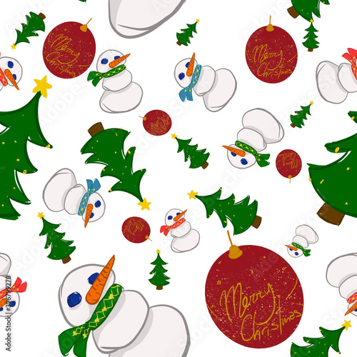 Christmas seamless pattern with decoration, ornament, snowman and xmas tree illustration in a white background for wrapping paper or gifts cards and letters in winter time.