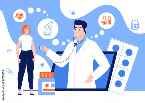 Video Call from the Patient to the Doctor. The Girl, Without Leaving the House, Consults with a Therapist through a Laptop. Online Medical Consultation. Vector Flat Illustration.
