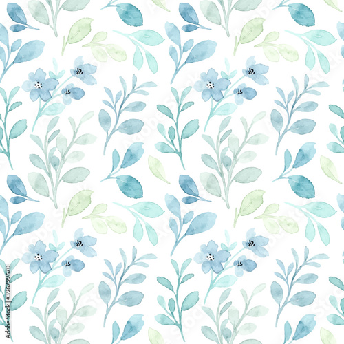 Soft blue leaves watercolor seamless pattern