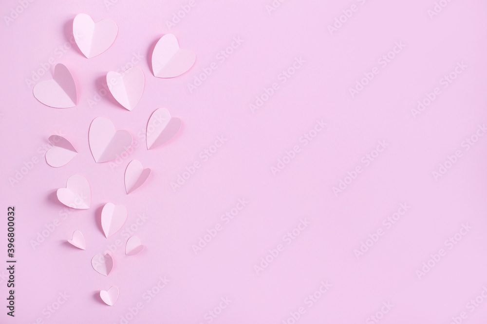 .top view of paper hearts on pink background .top view of paper hearts on pink background