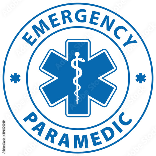 Paramedic text and blue Star of Life symbol rubber stamp icon isolated on white background. Emergency Medical service symbol.