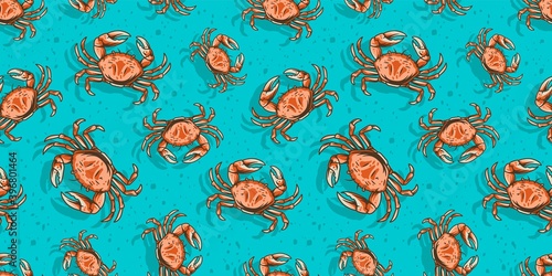 Colored seamless pattern wallpaper with seashell mollusk and crab. Underwater animals, wild ocean life for marine design