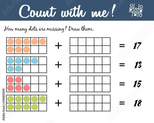 Counting game for kids. Educational a mathematical game. Count how many dots are missing
