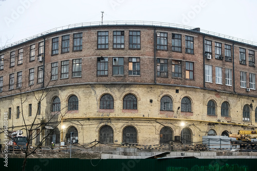 Western facade with towers of the old historic building of the Arsenal plant in center of Kyiv, Ukraine. November 2020