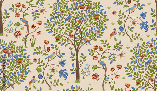 Fantasy tree with birds seamless ornament on light background. Vector illustration