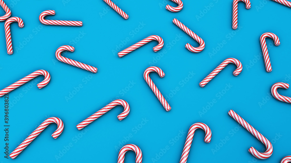 3D illustration of many red and white striped candy canes on bright blue background. 3D illustration of many red and white striped candy canes on bright blue background.