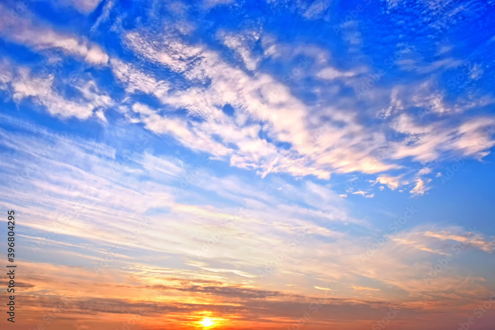 cold sunset sky on winter evening landscape background. Wide panorama cloudscape. Scenic sky with setting sun behind clouds. Nature abstract wallpaper