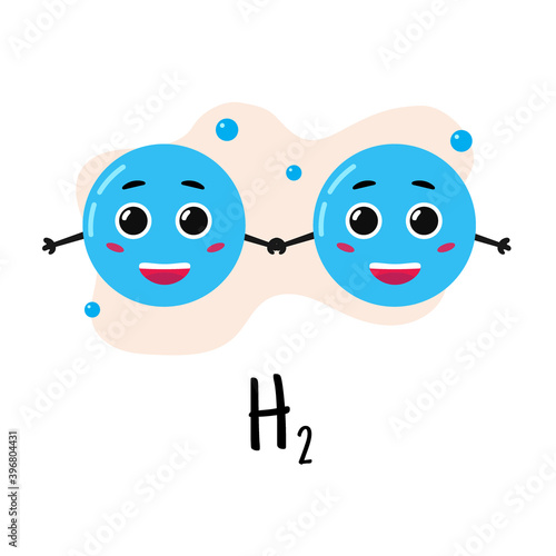Structure of hydrogen molecule. Cartoon character. Study of chemistry. Vector illustration.